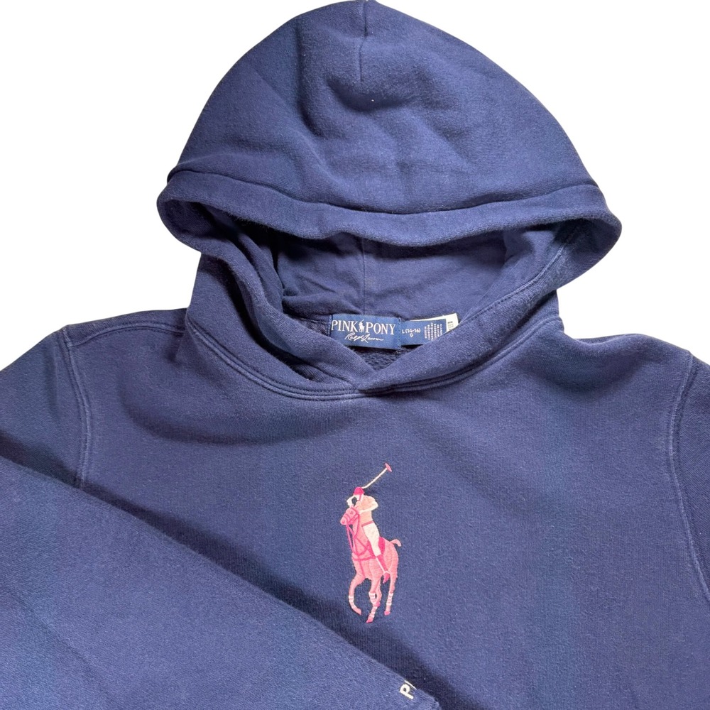 Ralph Lauren Pink Pony Hoodie Navy Blue Kids Girls Large‎ 14-16 Fleece Pullover